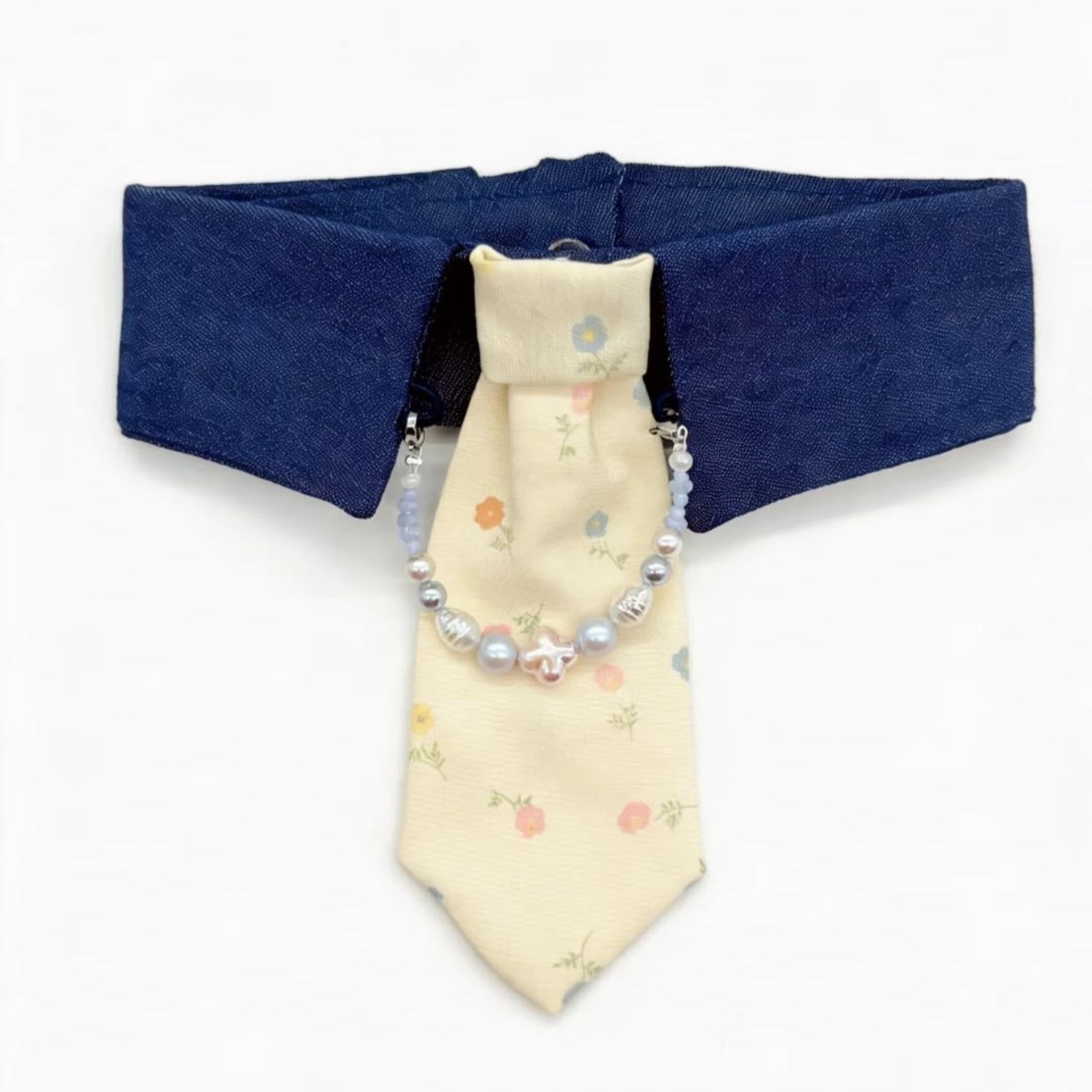 Floral Gentleman Navy Tie & Pearl Necklace Bib