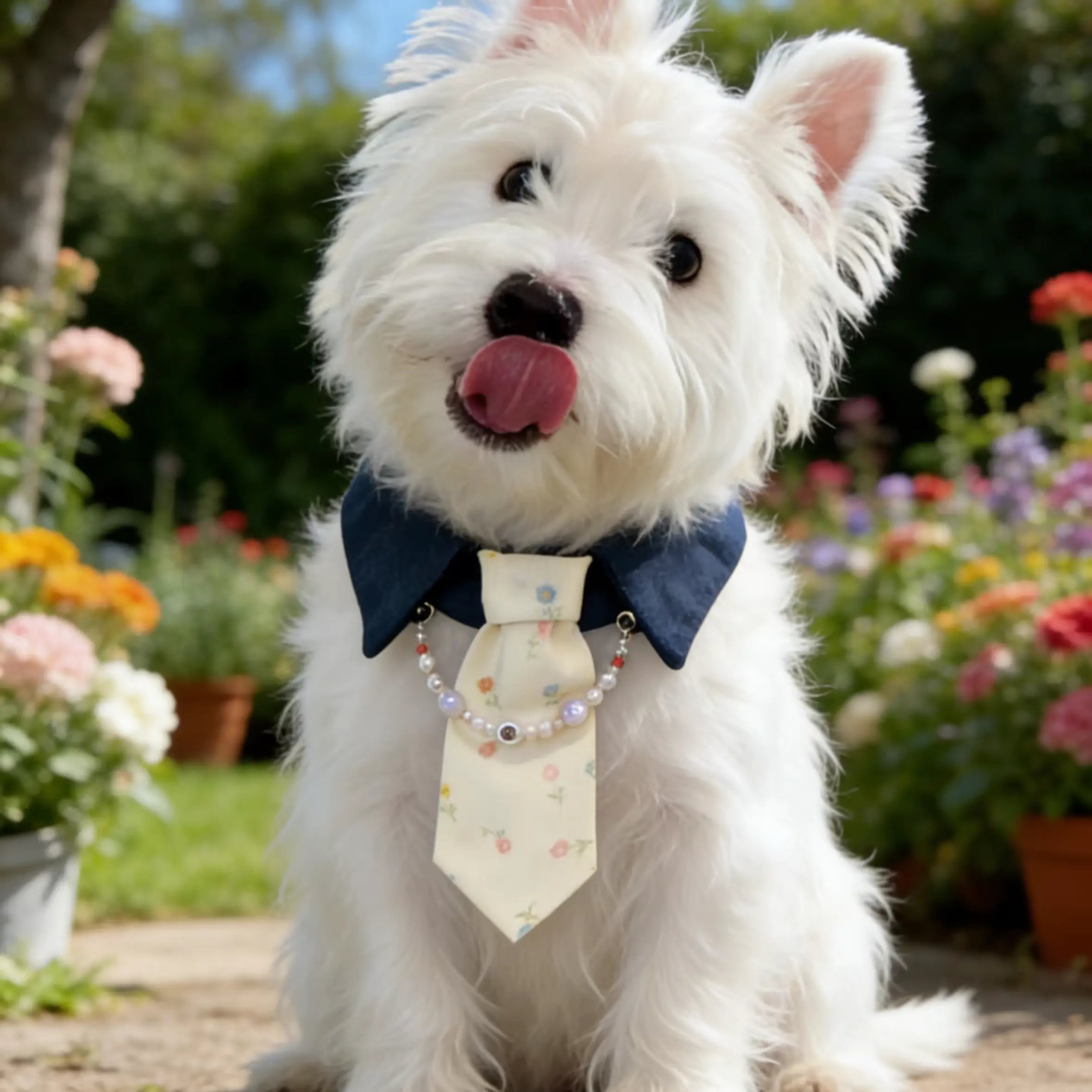 Floral Gentleman Navy Tie & Pearl Necklace Bib