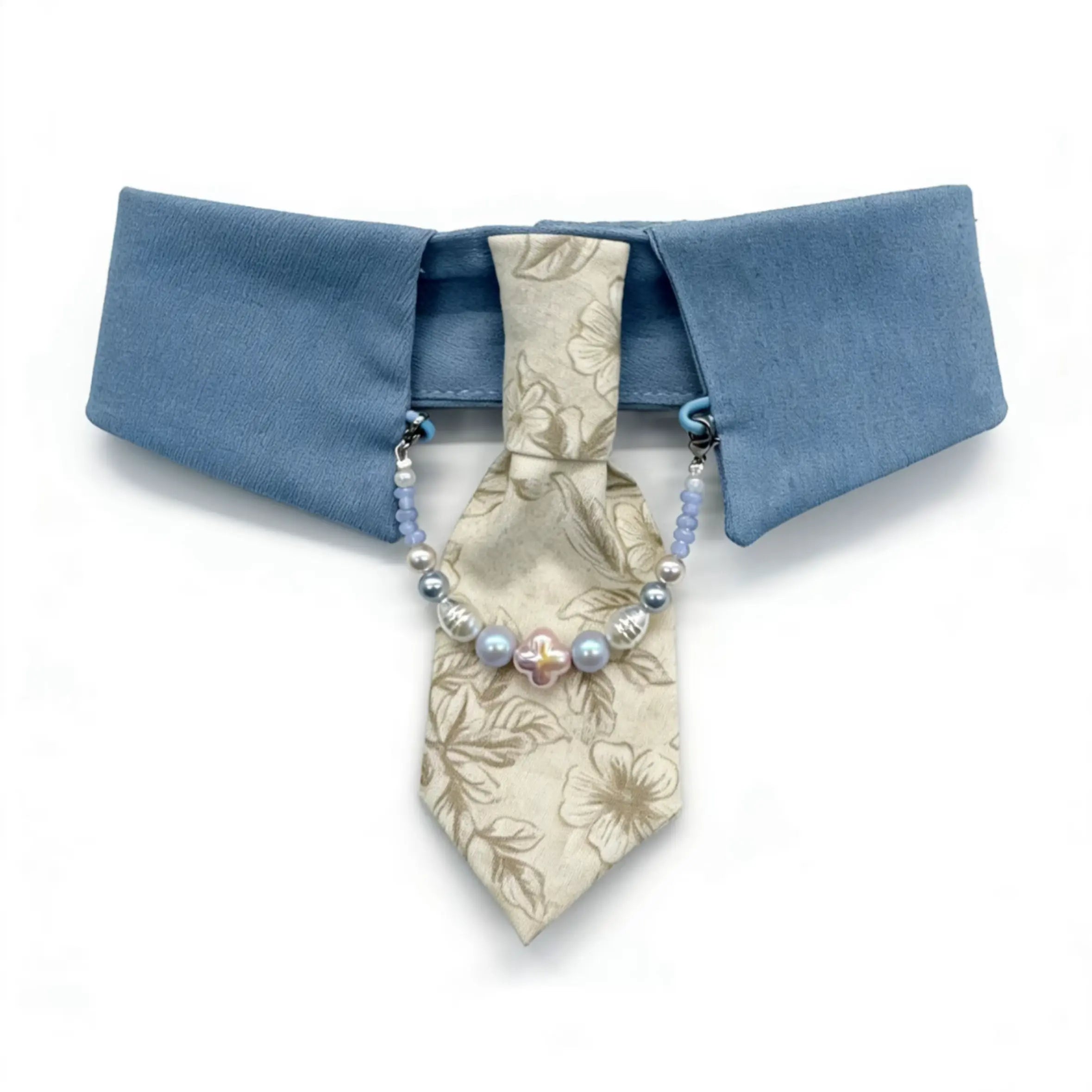 "Dusty Blue Floral" Tie & Pearl Necklace Bib