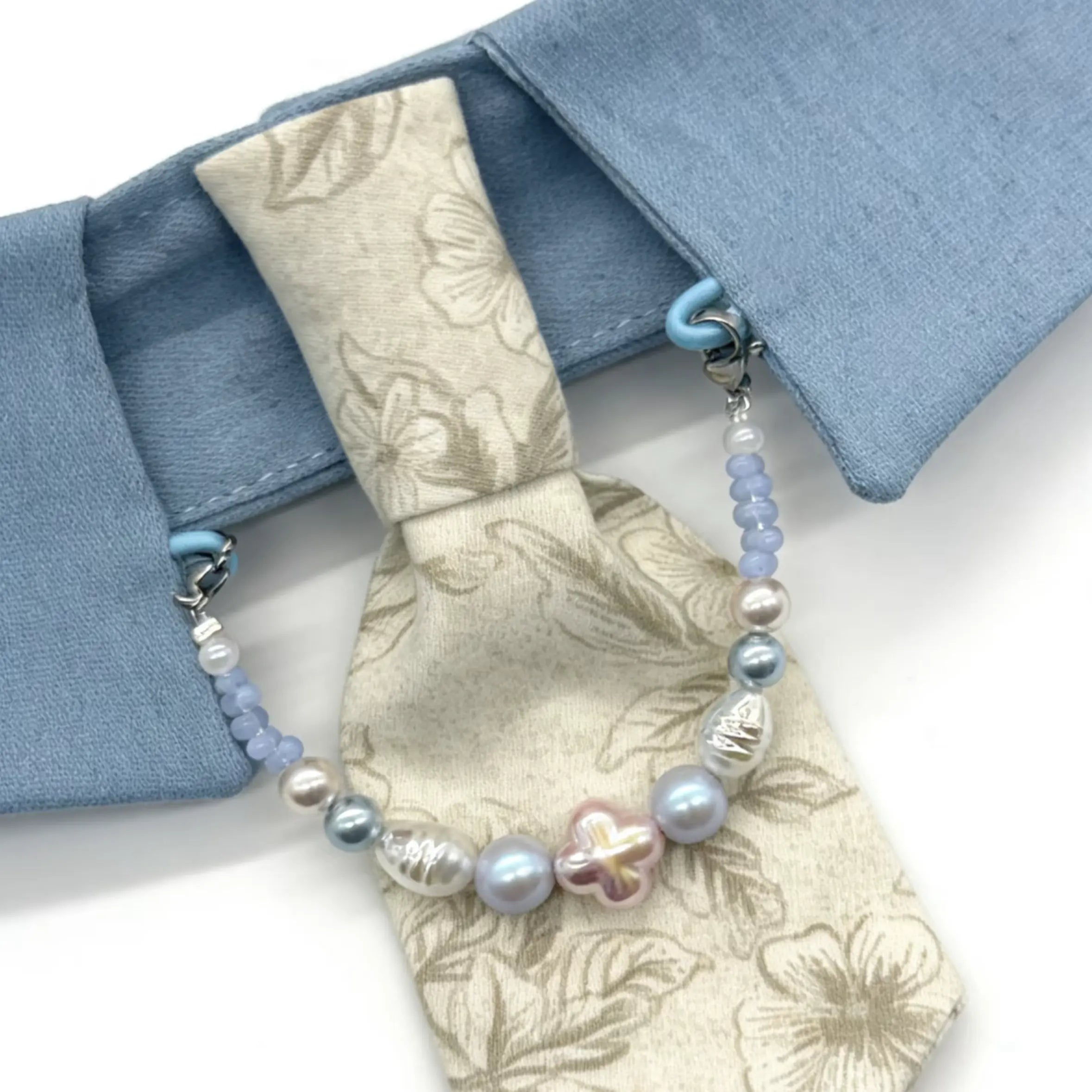 "Dusty Blue Floral" Tie & Pearl Necklace Bib