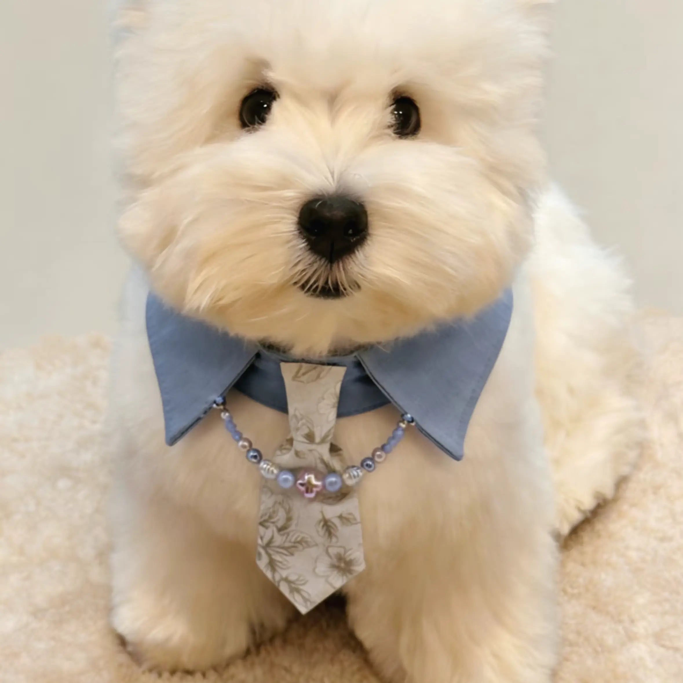 "Dusty Blue Floral" Tie & Pearl Necklace Bib