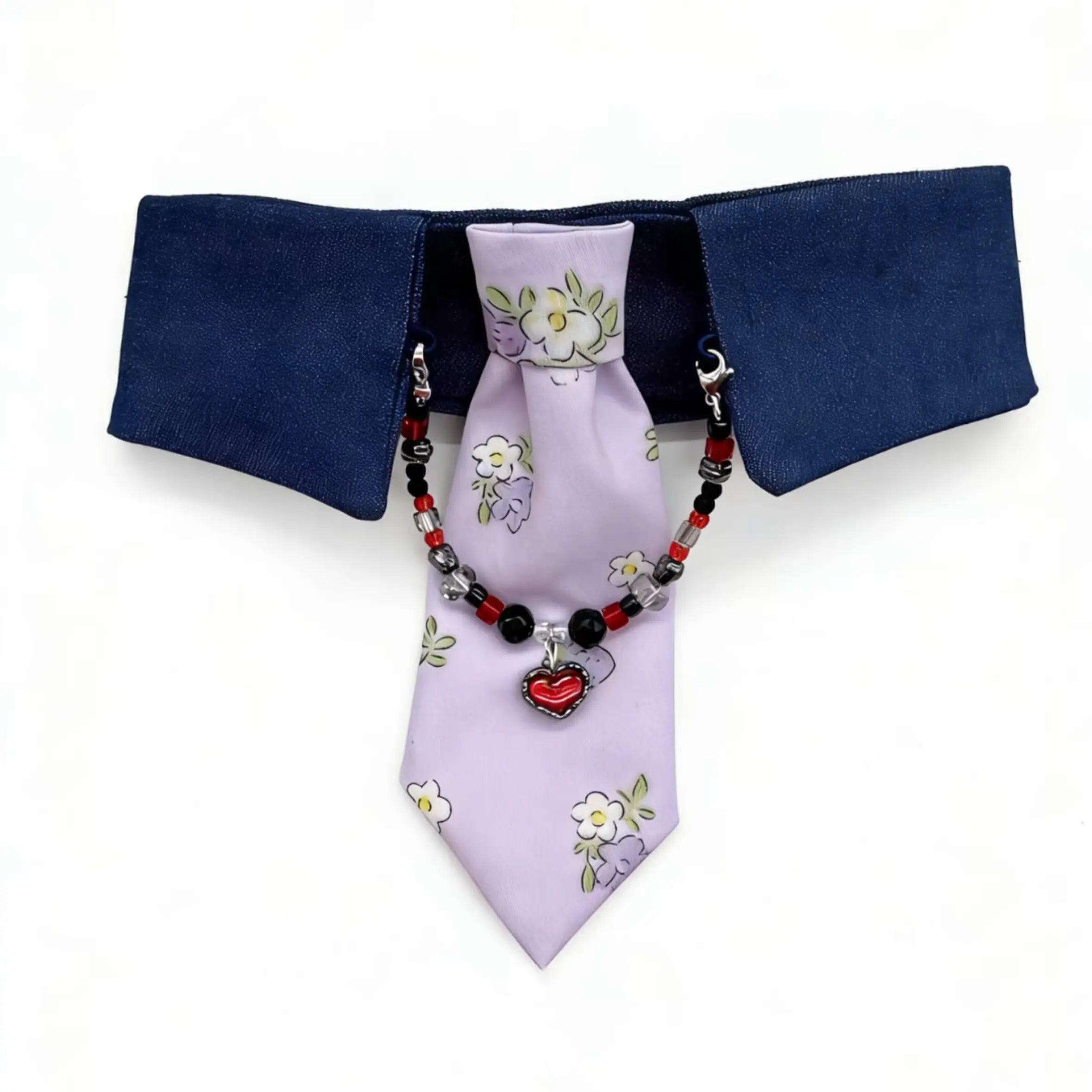 "Lavender Heart" Navy Tie & Bead Necklace Bib