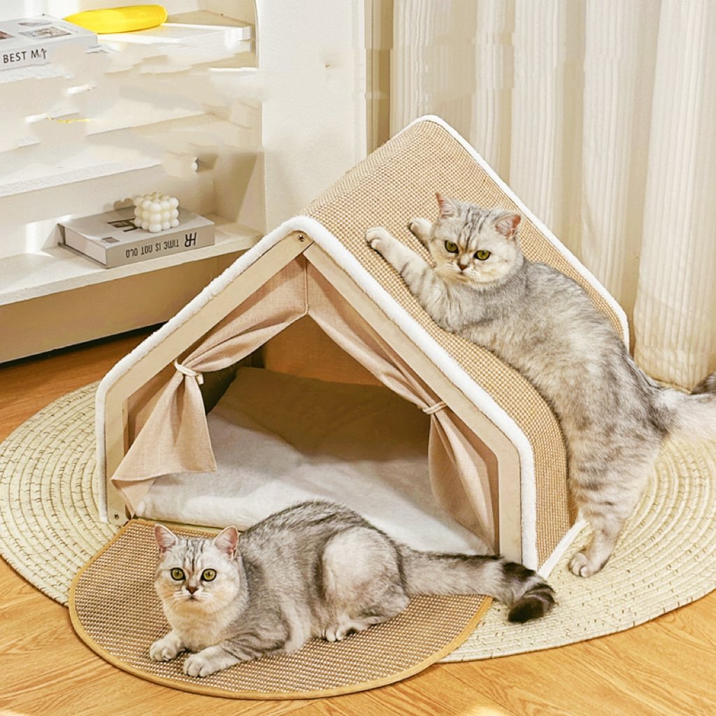 "Dual-Comfort" Wooden Cat House & Scratching Surface