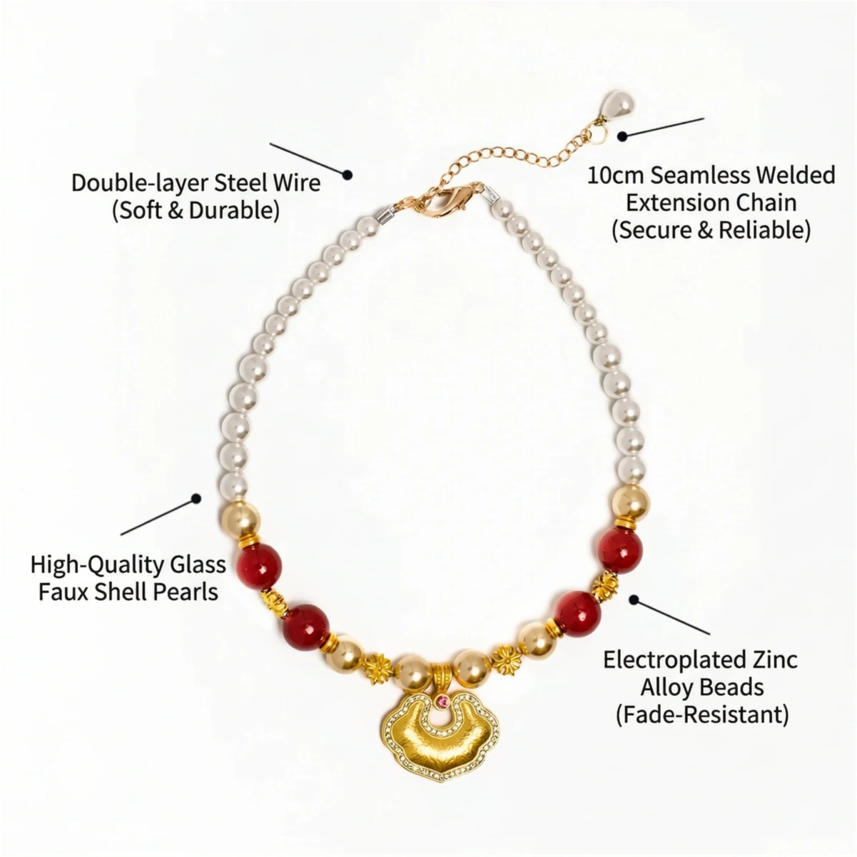 "Auspicious Ruyi" Red Agate & Pearl Pet Necklace