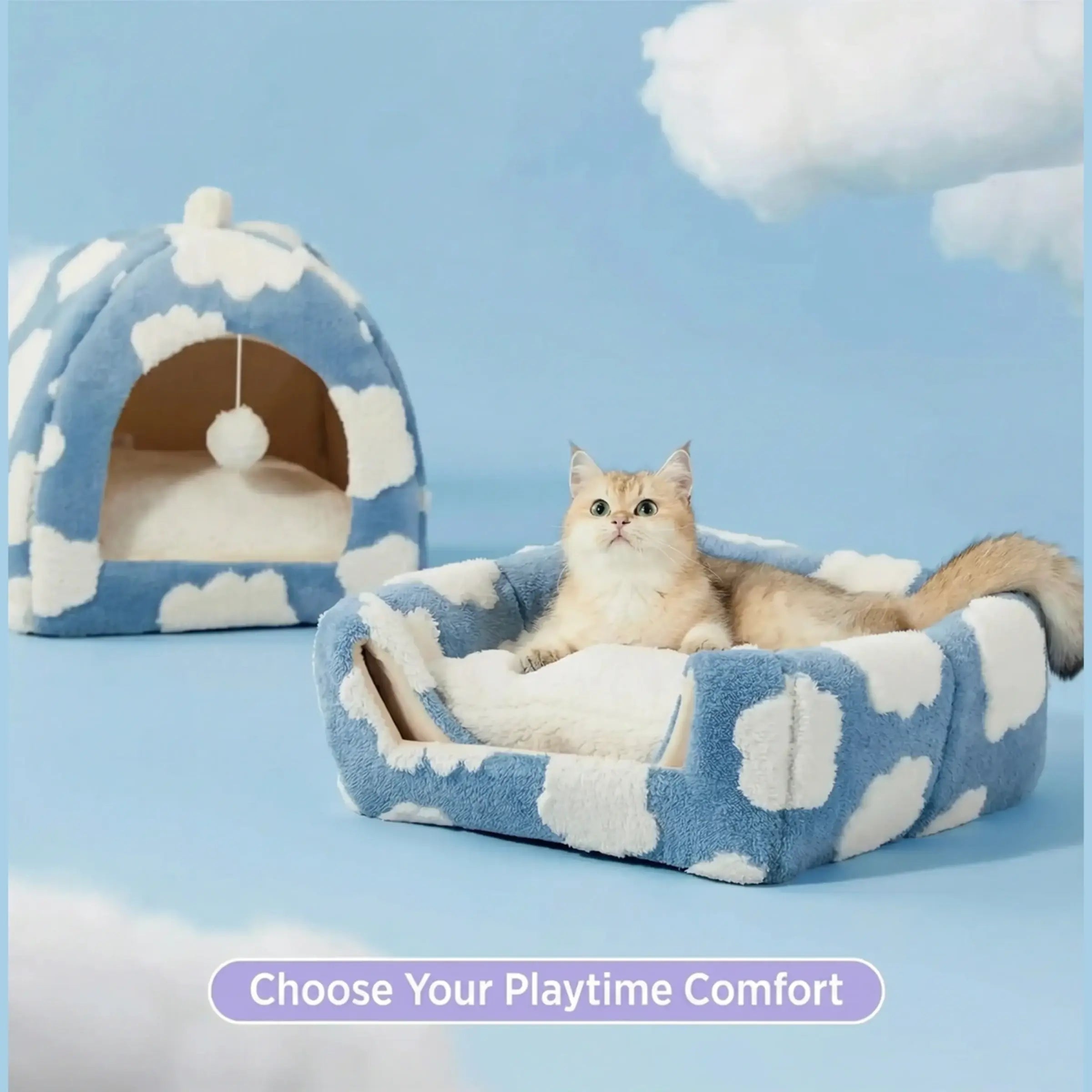 Plush Foldable 2-in-1 Cat Cave Tent & Bed