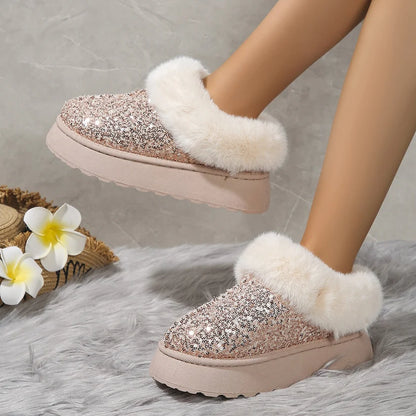 Glitter Faux Fur Trim Platform Slipper Boot