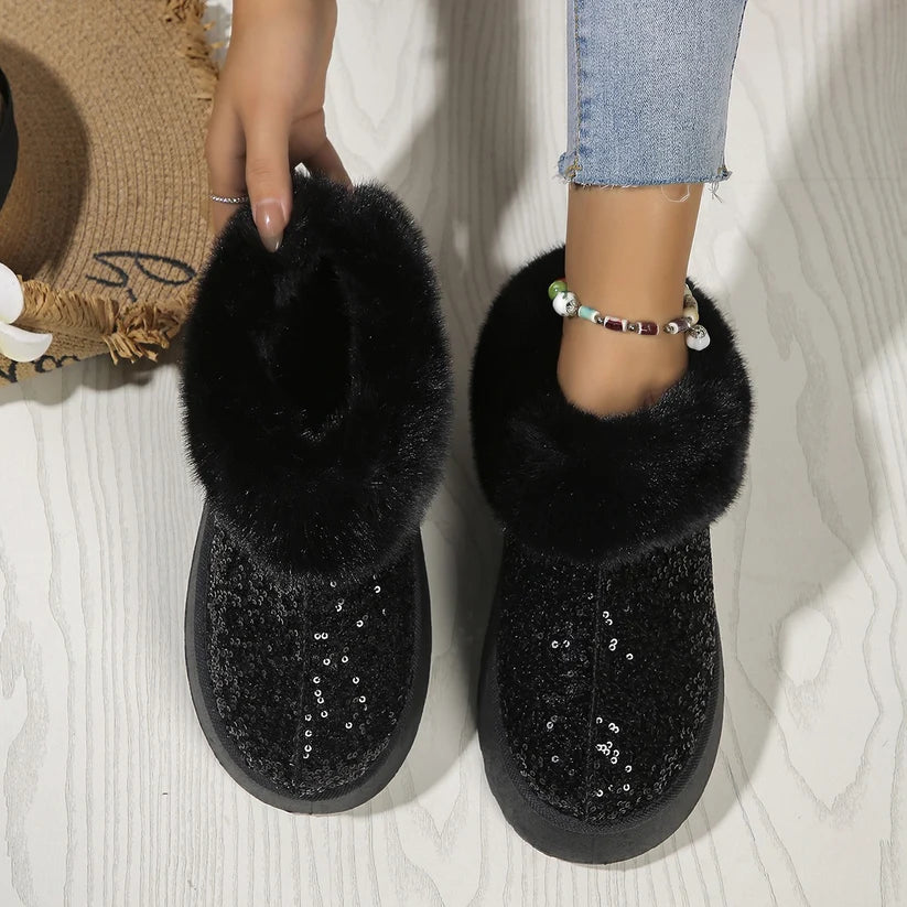 Glitter Faux Fur Trim Platform Slipper Boot