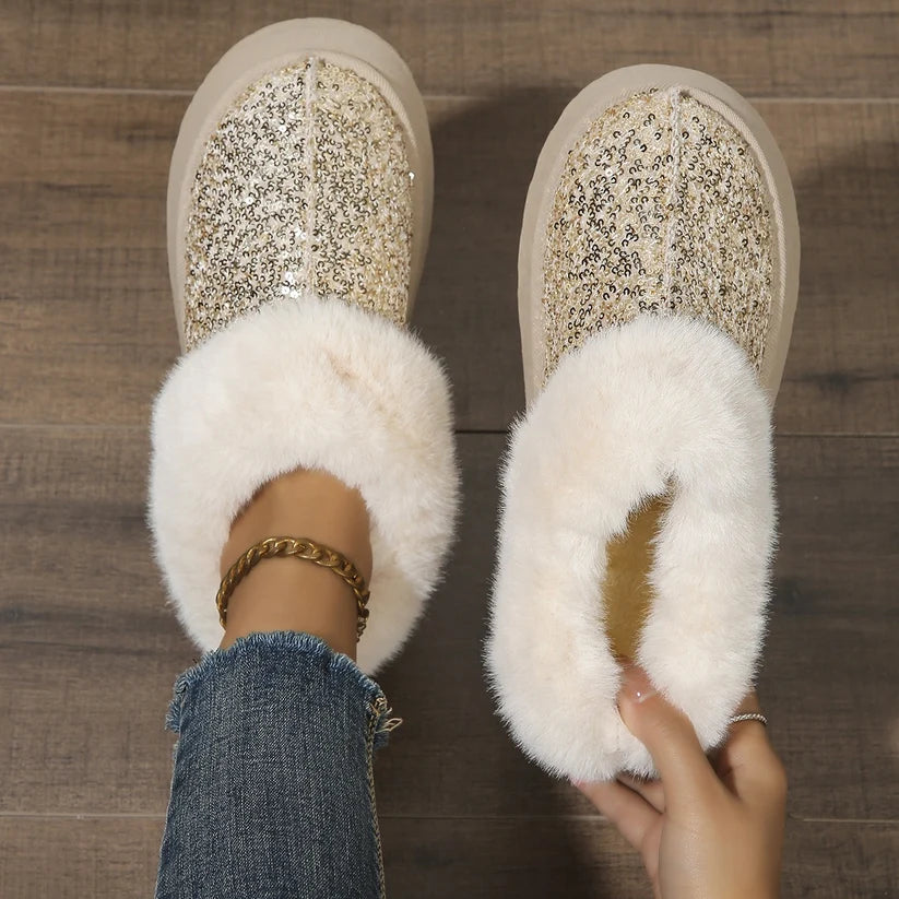 Glitter Faux Fur Trim Platform Slipper Boot